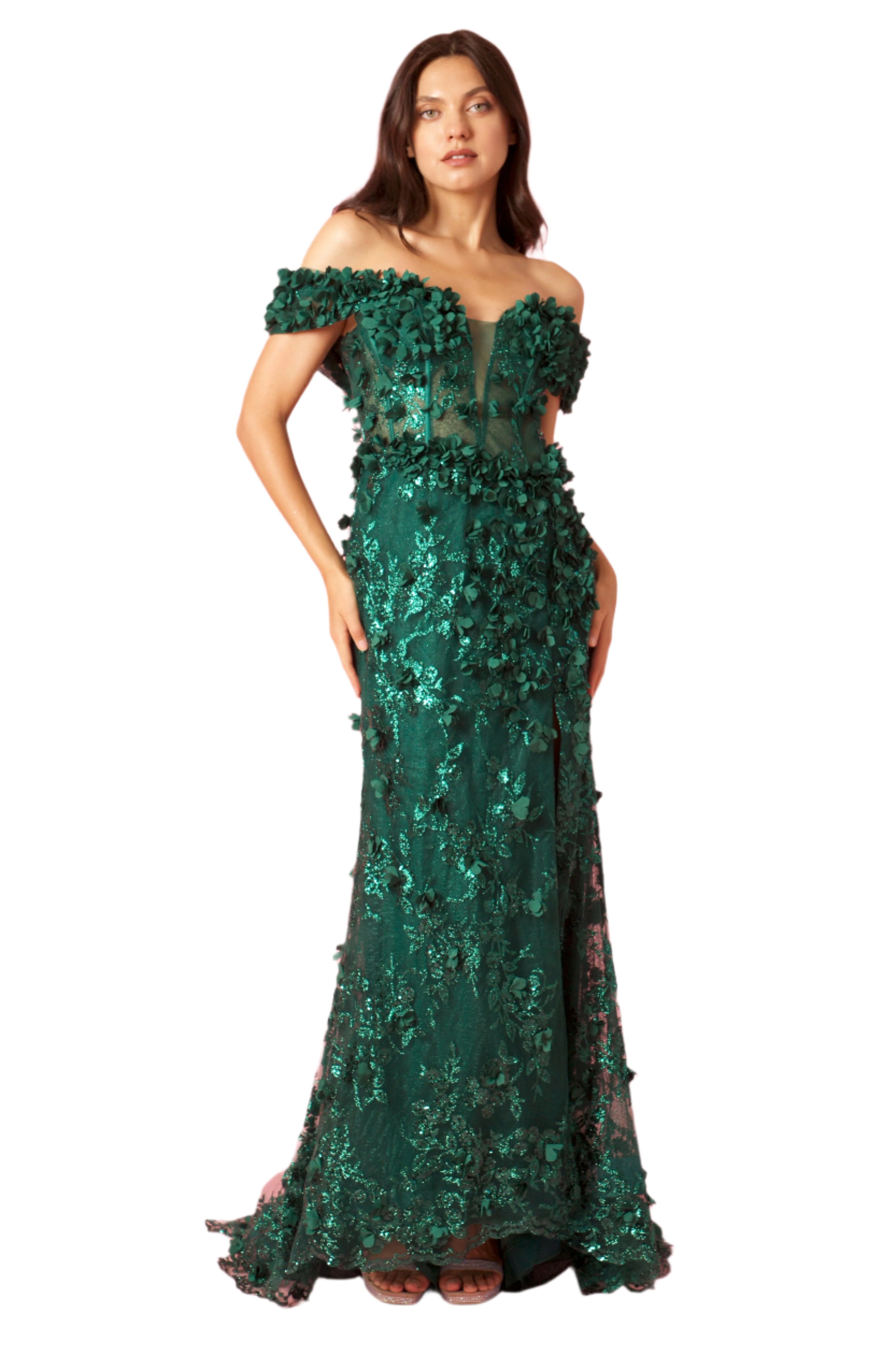 Dylan and Davids Full-Length Formal Gown Off the Shoulder 3D Floral Corset-Style Dress-4